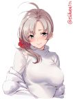  1girl alternate_costume blush breasts coat ebifurya fur_trim green_eyes grey_hair highres kantai_collection kinugasa_(kantai_collection) large_breasts long_hair long_sleeves looking_at_viewer simple_background smile solo sweater twitter_username white_background white_sweater winter_clothes winter_coat 