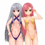  2girls absurdres bikini blush breasts closed_mouth cowfee crossover drill_hair grey_hair hair_ornament hairclip hand_on_hip hayate_no_gotoku! highres katsura_hinagiku koujin_rikka kuro_ai long_hair looking_at_viewer multiple_girls navel pink_hair red_eyes simple_background smile source_request swimsuit white_background yellow_eyes 