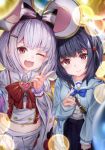  2girls ;d animal_ears black_hair blue_neckwear blush bow bowtie brooch dual_persona eyebrows_visible_through_hair granblue_fantasy grey_hair hair_bow hair_ornament hairclip heart highres hyouta_(yoneya) jewelry long_sleeves looking_at_viewer midriff multiple_girls navel one_eye_closed open_mouth rat_ears red_eyes short_hair smile tears v vikala_(granblue_fantasy) wide_sleeves 