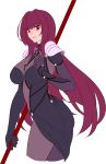  1girl bangs blush bodysuit breasts fate/grand_order fate_(series) hair_between_eyes hair_intakes highres large_breasts long_hair looking_at_viewer purple_hair red_eyes scathach_(fate)_(all) scathach_(fate/grand_order) shijie_jianfa solo 