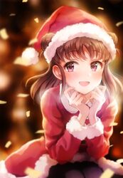  1girl :d bangs black_legwear blush brown_hair chin_rest christmas commentary_request confetti double_bun dress fur-trimmed_dress hat idolmaster idolmaster_cinderella_girls long_hair munakata_atsumi omisoshiru open_mouth red_dress santa_costume santa_dress santa_hat sideways_glance sitting smile solo violet_eyes 