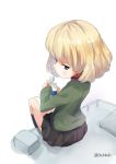  1girl bangs black_legwear black_skirt blonde_hair blue_eyes bottle buchikaki commentary from_behind girls_und_panzer green_jacket half-closed_eyes holding holding_bottle jacket katyusha_(girls_und_panzer) light_frown long_sleeves looking_at_viewer looking_back milk milk_bottle miniskirt pleated_skirt pravda_school_uniform school_uniform short_hair sitting skirt socks solo twitter_username white_background 