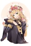  1girl blonde_hair boots fire_emblem fire_emblem:_three_houses flower garreg_mach_monastery_uniform green_eyes hair_flower hair_ornament ingrid_brandl_galatea knee_boots knees_up long_hair long_sleeves open_mouth petals rirene_rn sitting solo uniform 