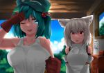  2girls absurdres animal_ears bare_shoulders blue_eyes blue_hair breasts detached_sleeves hair_bobbles hair_ornament hat highres huge_filesize indoors inubashiri_momiji kawashiro_nitori large_breasts medium_hair multiple_girls one_eye_closed pom_pom_(clothes) red_eyes ribbon-trimmed_sleeves ribbon_trim shirokaba114 shirt short_hair short_twintails sidelocks silver_hair sleeveless sleeveless_shirt touhou turtleneck twintails white_shirt wolf_ears 