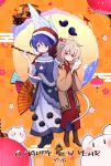  2girls adapted_costume ahoge animal back-to-back blue_eyes blue_hair blush braid buna_shimeji_(keymush) chinese_zodiac closed_mouth doremy_sweet dress feathered_wings flower full_body hair_flower hair_ornament happy_new_year hat holding holding_animal japanese_clothes kimono kishin_sagume long_sleeves looking_at_viewer multiple_girls new_year nightcap pom_pom_(clothes) purple_kimono red_eyes ship short_hair silver_hair single_wing smile tail tapir_tail touhou watercraft wings year_of_the_rat 