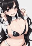  1girl atago_(azur_lane) azur_lane bikini_top black_hair blush breast_squeeze breasts brown_eyes commentary_request copyright_name grey_background highres large_breasts long_hair looking_at_viewer mashiro_(rikuya) mole mole_under_eye navel open_mouth racequeen simple_background solo upper_body wrist_cuffs 