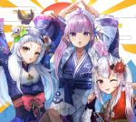  3girls ;d anchor_symbol animal animal_on_head apron arms_up bangs bird bird_on_head blue_bow blue_hair blue_kimono bow braid brown_eyes brown_legwear commentary_request egasumi eyebrows_visible_through_hair fangs flower frilled_apron frilled_sleeves frills hair_flower hair_ornament highres hololive horns japanese_clothes kimono konkito long_hair long_sleeves looking_at_viewer minato_aqua multicolored_hair multiple_girls murasaki_shion nakiri_ayame obi on_head one_eye_closed oni oni_horns open_mouth pantyhose print_kimono purple_hair red_bow red_flower red_kimono sash side_ponytail silver_hair smile star sunburst sunburst_background two-tone_hair upper_teeth v-shaped_eyebrows very_long_hair violet_eyes virtual_youtuber waist_apron white_apron white_flower wide_sleeves 