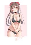  1girl absurdres bikini black_bikini blush bow breasts brown_hair chiaki_(haigore) closed_mouth gradient gradient_background hair_bow hair_ornament hair_ribbon highres kantai_collection large_breasts long_hair looking_at_viewer mamiya_(kantai_collection) navel ponytail ribbon solo swimsuit 