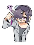  1boy collarbone earrings fang hair_ornament hair_over_one_eye jewelry labcoat looking_to_the_side nail_polish neko_860 original otoko_no_ko purple_hair safety_glasses shirt short_hair simple_background skull_hair_ornament solo stitches vial violet_eyes 