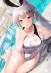  1girl bare_shoulders barefoot blush breasts bunny_hair_ornament collarbone commentary_request competition_swimsuit covered_navel five-seven_(girls_frontline) girls_frontline hair_ornament highres long_hair looking_at_viewer medium_breasts one-piece_swimsuit ponytail pool poolside shirosaba silver_hair solo swimsuit thighs wet white_swimsuit 