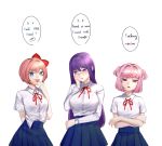  3girls :d annoyed aqua_nails bangs blue_eyes blue_skirt blush bow breasts crossed_arms cute deredere doki_doki_literature_club embarrassed english_text eyebrows_visible_through_hair fang finger_to_mouth frown hair_between_eyes hair_bow hair_ornament hairclip hand_on_own_face highres large_breasts loli long_hair long_sleeves looking_at_viewer looking_away medium_breasts multiple_girls natsuki_(doki_doki_literature_club) neck_ribbon open_mouth pink_eyes pink_hair pink_nails pleated_skirt potetos7 purple_hair purple_nails red_bow red_ribbon ribbon sayori_(doki_doki_literature_club) school_uniform shirt short_hair short_sleeves simple_background skirt small_breasts smile speech_bubble sweatdrop team_salvato tsundere two_side_up upper_body v-shaped_eyebrows violet_eyes white_background white_shirt wing_collar x_hair_ornament yuri_(doki_doki_literature_club) 