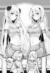  2girls ? armlet bangs crop_top crossed_arms eyebrows_visible_through_hair greyscale hair_between_eyes hand_in_hair headband highres horns kei_(k_tmr) long_hair midriff monochrome multiple_girls navel novel_illustration official_art sash skirt solo standing stomach thought_bubble uchi_no_musume_no_tame_naraba_ore_wa_moshikashitara_maou_mo_taoseru_kamo_shirenai. very_long_hair 