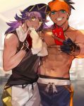  2boys abs aqua_eyes baseball_cap black_gloves black_hair cellphone dande_(pokemon) dark_skin dark_skinned_male fingerless_gloves gloves grin hat headband kibana_(pokemon) male_focus multiple_boys phone picube525528 pokemon pokemon_(game) pokemon_swsh purple_hair red_gloves rotom rotom_phone shirtless shorts smartphone smile tank_top toned toned_male towel towel_around_neck yellow_eyes 