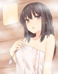  1girl bangs bare_arms bare_shoulders black_hair breasts brown_eyes collarbone commentary_request hakurei_reimu hand_up indoors long_hair looking_at_viewer medium_breasts miyo_(ranthath) naked_towel open_mouth sidelocks solo steam touhou towel upper_body 