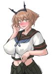  1girl black_sailor_collar black_skirt blue_neckwear blush breasts brown_hair commentary_request cosplay cowboy_shot dated fubuki_(kantai_collection) fubuki_(kantai_collection)_(cosplay) green_eyes hairband headgear highres kantai_collection large_breasts looking_at_viewer mutsu_(kantai_collection) neckerchief nose_blush pleated_skirt radio_antenna remodel_(kantai_collection) sailor_collar short_hair simple_background skirt skirt_lift smile solo sozan twitter_username white_background 