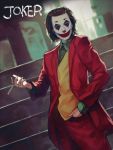  1boy absurdres aito arthur_fleck character_name cigarette commentary_request copyright_name facepaint green_hair green_shirt highres holding holding_cigarette jacket joker_(2019) long_sleeves looking_at_viewer pants red_jacket red_pants red_suit shirt short_hair smile solo the_joker 
