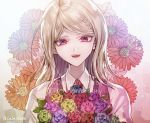  1girl ahoge akamatsu_kaede artist_name bangs blonde_hair blue_flower commentary_request dangan_ronpa eyebrows_visible_through_hair floral_print flower green_flower holding holding_flower long_hair looking_at_viewer musical_note musical_note_hair_ornament necktie new_dangan_ronpa_v3 pink_sweater_vest red_flower school_uniform shirt smile sweater_vest upper_teeth violet_eyes yellow_flower z-epto_(chat-noir86) 