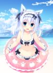  1girl absurdres animal_ears bangs bare_arms bare_shoulders beach bikini black_bikini black_bow blue_eyes blue_sky blush bow bow_bikini breasts character_request clouds collarbone cowboy_shot dare_ga_yonda_no!? day embarrassed eyebrows_visible_through_hair frilled_bikini frills groin hair_between_eyes hairband halter_top halterneck highres holding holding_innertube huge_filesize incredibly_absurdres innertube leaning_forward long_hair maid_headdress mountain navel ocean official_art open_mouth outdoors sidelocks sky small_breasts solo stomach swimsuit twintails utsunomiya_tsumire white_hair wrist_cuffs 