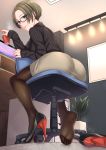  1girl ass bangs black_legwear black_sweater brown_hair brown_skirt coffee_cup cup disposable_cup feet from_below full_body grey_eyes high_heels highres holding holding_cup kyuuso_inukami looking_at_viewer office_lady original pantyhose parted_bangs ribbed_sweater shoes_removed short_hair sitting skirt smile soles solo sweater swivel_chair 
