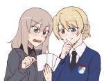  2girls bangs black_neckwear blonde_hair blue_eyes blue_sweater blush braid card chin_grab commentary darjeeling_(girls_und_panzer) dress_shirt emblem eyebrows_visible_through_hair frown girls_und_panzer grey_shirt grin holding holding_card itsumi_erika kuromorimine_school_uniform long_sleeves medium_hair multiple_girls necktie open_mouth pointing school_uniform shirt short_hair silver_hair simple_background smile st._gloriana&#039;s_(emblem) st._gloriana&#039;s_school_uniform sweatdrop sweater tied_hair torinone v-neck white_background white_shirt wing_collar 