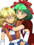 2girls arm_ribbon arm_warmers bangs blonde_hair commentary_request dress eyebrows_visible_through_hair front_ponytail green_eyes green_hair hair_ribbon highres hug kagiyama_hina mito_(mo96g) mizuhashi_parsee multiple_girls parted_lips pointy_ears red_dress ribbon short_sleeves simple_background smile touhou white_background white_neckwear 