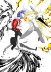  2others bangs black_shorts blue_hair blunt_bangs collared_shirt crystal_hair enoki-kou gem_uniform_(houseki_no_kuni) golden_arms heterochromia highres houseki_no_kuni mercury multiple_others phosphophyllite phosphophyllite_(ll) puffy_short_sleeves puffy_sleeves red_eyes redhead shinsha_(houseki_no_kuni) shirt short_hair short_shorts short_sleeves shorts simple_background vs white_background white_eyes white_skin 