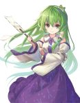 1girl bras_d&#039;honneur detached_sleeves frog_hair_ornament gohei green_eyes green_hair hair_ornament hair_tubes hand_up highres holding kochiya_sanae long_hair long_skirt long_sleeves looking_at_viewer nontraditional_miko purple_dress shirt simple_background skirt smile snake_hair_ornament solo touhou very_long_hair white_background white_shirt wide_sleeves wind yanyan_(shinken_gomi)