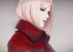  1girl bangs black_eyes blurry buttons closed_mouth coat erise from_side grey_background looking_away original portrait red_coat silver_hair solo 