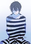  1boy absurdres amamiya_ren bangs black_hair eyebrows_visible_through_hair gradient gradient_background grey_background hair_between_eyes highres looking_at_viewer male_focus parted_lips persona persona_5 prison_clothes signature sitting sofra solo striped violet_eyes white_background 