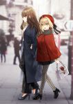  2girls ahoge bag blonde_hair blue_coat blurry blurry_background brown_eyes brown_hair coat eyebrows_visible_through_hair fate/extra fate_(series) fur_trim gambe green_eyes handbag hat high_heels highres holding_arm kishinami_hakuno_(female) long_hair looking_at_viewer multiple_girls nero_claudius_(fate)_(all) open_mouth overcoat pantyhose photo_background polka_dot polka_dot_legwear porkpie_hat red_coat sidewalk turtleneck 