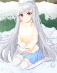  1girl bangs blue_skirt blush commentary_request eyebrows_visible_through_hair gom_bear grey_hair highres holding kneeling long_hair looking_at_viewer original outdoors red_eyes silver_hair skirt snow snowman solo sweater thigh-highs white_legwear yellow_sweater 