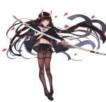  1girl absurdres azur_lane bangs black_cardigan black_footwear black_hair black_serafuku black_shirt black_skirt brown_legwear cardigan commentary_request full_body glint habu_rin hair_ornament hairclip highres holding holding_sheath holding_sword holding_weapon horns katana loafers long_hair long_sleeves looking_at_viewer midriff navel neckerchief noshiro_(azur_lane) oni oni_horns open_cardigan open_clothes pantyhose petals pleated_skirt sailor_collar school_uniform serafuku sheath shirt shoes simple_background skirt sleeves_past_wrists solo standing sword unsheathing very_long_hair violet_eyes weapon white_background white_neckwear white_sailor_collar x_hair_ornament 