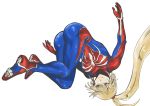  1girl ass blonde_hair bodysuit breasts commentary green_eyes highres long_hair metroid muscle ponytail samus_aran smile solo spider-man_(series) thighs toned tsunamino_yuu upside-down very_long_hair white_background 