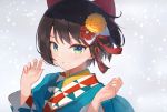  absurdres bangs black_hair bow claw_pose commentary_request eyebrows_visible_through_hair flower grin hair_bow hair_flower hair_ornament highres hololive japanese_clothes kimono looking_at_viewer oozora_subaru red_bow short_hair smile t6_ti teeth upper_body virtual_youtuber 