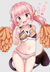  1girl :d bangs bare_shoulders blush bow bow_panties breasts cheerleader clothes_writing crop_top demon_girl demon_tail eyebrows_visible_through_hair fang grey_background hair_between_eyes hair_bow head_tilt heart highres holding long_hair looking_at_viewer mochiyuki navel no_pants open_mouth orange_bow orange_shirt original panties pink_hair pointy_ears polka_dot polka_dot_bow pom_poms red_eyes shirt simple_background sleeveless sleeveless_shirt small_breasts smile solo stomach succubus tail thigh_gap translation_request twintails underwear white_panties 