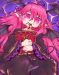  1girl book chain demon_tail demon_wings dress fangs frills hakuyou_(_hakuyou) head_wings holding key koakuma long_hair looking_at_viewer mouth_hold pink_eyes pink_hair solo tail touhou wide_sleeves wings 