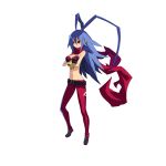  1girl antenna_hair belt bikini_top blue_hair bracelet disgaea disgaea_d2 full_body genderswap genderswap_(mtf) harada_takehito highres jewelry laharl laharl-chan long_hair navel official_art pointy_ears red_eyes red_scarf scarf simple_background solo torn_clothes very_long_hair white_background 