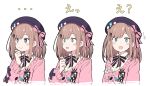  1girl :3 :d aqua_eyes beret blue_headwear blush brown_hair cardigan expressions hair_ornament hairclip hat ixy long_sleeves looking_at_viewer nijisanji open_mouth pink_cardigan shirt short_hair simple_background smile solo suzuhara_lulu virtual_youtuber white_background white_shirt x_hair_ornament 