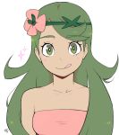  1girl 2017 alternate_hairstyle asymmetrical_bangs bangs bare_shoulders blush breasts collarbone commentary english_commentary eyelashes flower green_eyes green_hair hair_flower hair_ornament long_hair looking_at_viewer mallow_(pokemon) milka_(milk4ppl) pokemon pokemon_(game) pokemon_sm signature simple_background small_breasts solo trial_captain upper_body white_background 