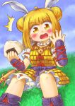  1girl armor blonde_hair blush commentary_request day double_bun food food_on_face grass hakuyou_(_hakuyou) haniwa_(statue) highres japanese_armor joutouguu_mayumi looking_at_viewer onigiri outdoors rice rice_on_face sitting sky solo touhou wily_beast_and_weakest_creature yellow_eyes 