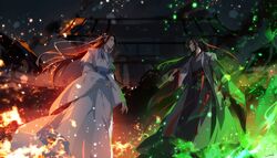  2boys absurdres architecture artist_name black_hair dated dirty_face east_asian_architecture eye_contact fire flute green_fire hair_ribbon headband highres instrument long_hair looking_at_another mo_dao_zu_shi multiple_boys muse_(rainforest) outdoors profile red_eyes red_ribbon ribbon standing wangji_lan white_headband white_ribbon wide_sleeves wuxian_wei 