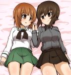  2girls absurdres bangs bed_sheet black_neckwear black_skirt blouse blush brown_eyes brown_hair closed_mouth commentary dress_shirt girls_und_panzer green_skirt grey_shirt highres holding_hands kumo_(atm) kuromorimine_school_uniform long_sleeves looking_at_another looking_back miniskirt multiple_girls neckerchief nishizumi_maho nishizumi_miho on_bed ooarai_school_uniform open_mouth pleated_skirt school_uniform serafuku shirt short_hair siblings sisters skirt smile white_blouse yuri 