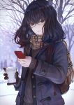  1girl backpack bag bangs bare_tree black_eyes blush brown_gloves cellphone coat cup freckles glasses gloves highres long_hair looking_at_viewer original outdoors phone scarf smartphone solo starbucks sweater tree winter_clothes winter_coat yasukura_(shibu11) 