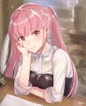  1girl breasts chin_rest desk eyebrows_visible_through_hair fire_emblem fire_emblem:_three_houses garreg_mach_monastery_uniform haru_(nakajou-28) highres hilda_valentine_goneril indoors ink_bottle lips long_hair looking_at_viewer medium_breasts neckerchief paper pink_eyes pink_hair quill sitting sleeves_rolled_up smile solo twintails 