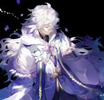  1boy black_background closed_eyes eashar_lowell fate/grand_order fate_(series) from_above highres long_hair long_sleeves male_focus merlin_(fate) messy_hair petals solo white_hair 
