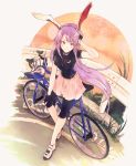  &gt;:) 1girl alternate_costume animal_ears arm_up bicycle bike_shorts black_gloves breasts closed_mouth commission crescent fingerless_gloves floating_hair gloves grass ground_vehicle hisona_(suaritesumi) long_hair looking_at_viewer medium_breasts outdoors pink_skirt purple_hair rabbit_ears railing red_eyes reisen_udongein_inaba shoes skirt smile solo touhou very_long_hair white_background 