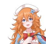  blue_eyes blue_flower bow bowtie brooch disco_brando flower hair_flower hair_ornament highres jewelry joy-con messy_hair nijisanji orange_hair otogibara_era ring-con ring_fit_adventure virtual_youtuber 