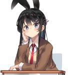 1girl absurdres animal_ears bangs blue_eyes brown_jacket bunny_hair_ornament commentary_request desk hair_ornament hairclip highres jacket long_sleeves looking_at_viewer necktie rabbit_ears ranf red_neckwear sakurajima_mai school_desk seishun_buta_yarou shirt simple_background solo sweater_vest white_background white_shirt