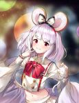  1girl animal animal_ears blurry bokeh bow bowtie brooch collared_shirt crop_top depth_of_field detached_sleeves fake_animal_ears granblue_fantasy grin hair_ornament hairband hairclip heart highres jewelry long_sleeves looking_at_viewer midriff navel ohihil rat rat_ears red_eyes shirt short_hair skirt smile solo upper_body v vikala_(granblue_fantasy) white_hair white_shirt white_skirt wide_sleeves 