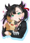  1girl :d artist_name bangs black_choker black_hair black_jacket blush choker commentary_request cropped_torso earrings gen_8_pokemon gotoh510 green_eyes hair_ribbon head_tilt highres jacket jewelry long_sleeves looking_at_viewer mary_(pokemon) morpeko open_mouth partial_commentary pointy_hair pokemon pokemon_(creature) pokemon_(game) pokemon_swsh red_ribbon ribbon short_hair signature silhouette simple_background smile stud_earrings twintails upper_body white_background 